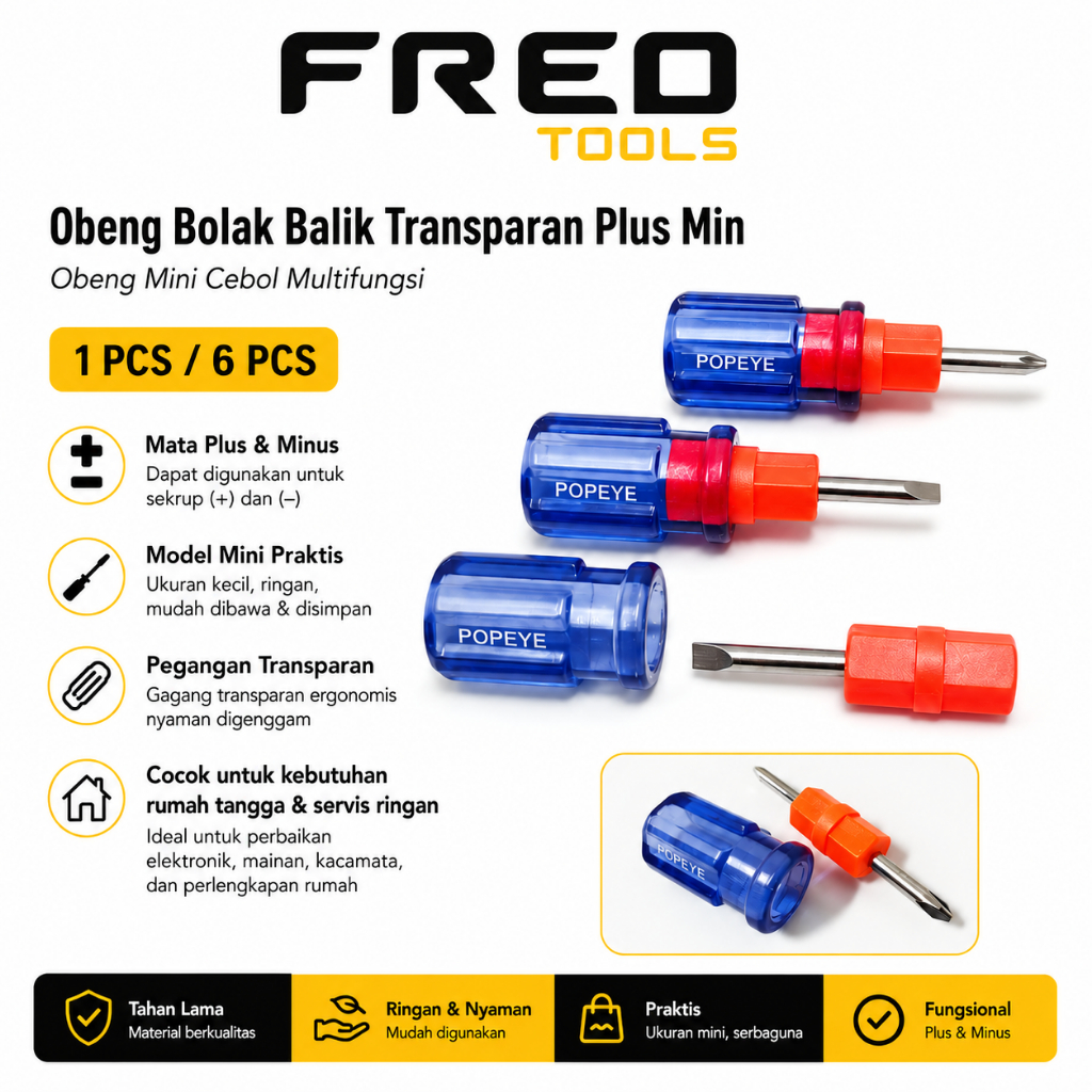 Obeng Bolak Balik Transparan Plus Min POPEYE / Obeng Mini Cebol Multifungsi 2 in 1 (+) (-) – Pilihan