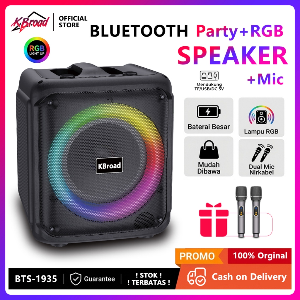 KBroad Speaker Karaoke Brodu BTS-1935 6.5Inch Bluetooth 5.3 Bonus Mic Nirkabel Lampu RGB Super Bass 