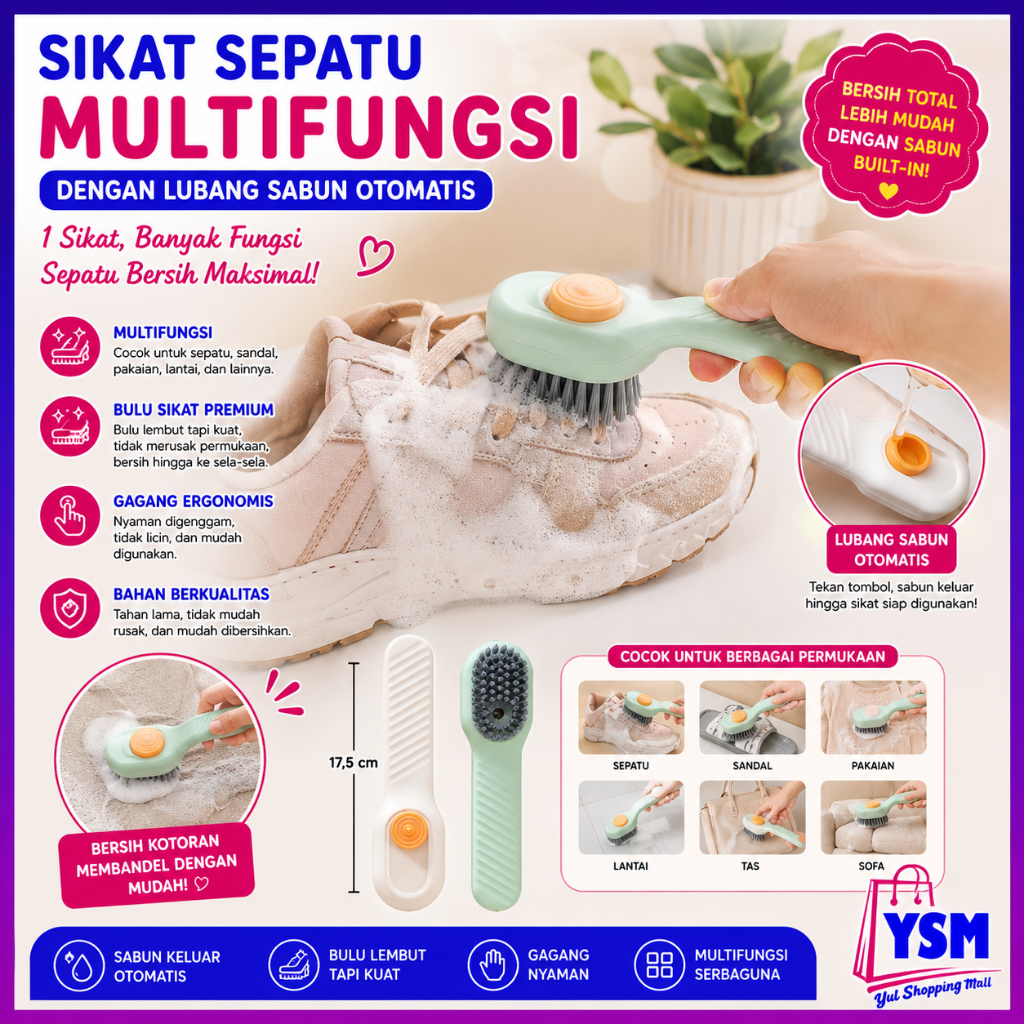 YSM Sikat Sepatu Multifungsi Dengan Lubang Detergen Sikat Sabun Otomatis 2in1 Bulu Lembut Sikat Prem
