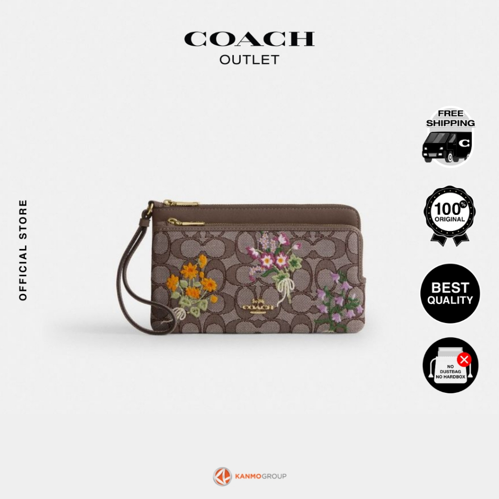 Coach Double Zip Wristlet in Signature Jacquard with Floral Embroidery - Dompet Wanita
