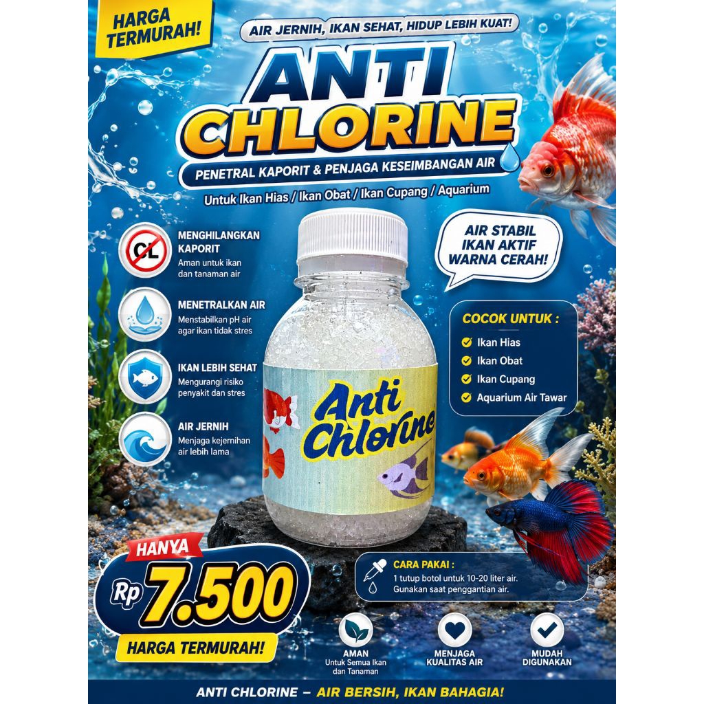 Antiklorin untuk menetralkan air, air PDAM atau pump bisa di pakai di aquarium