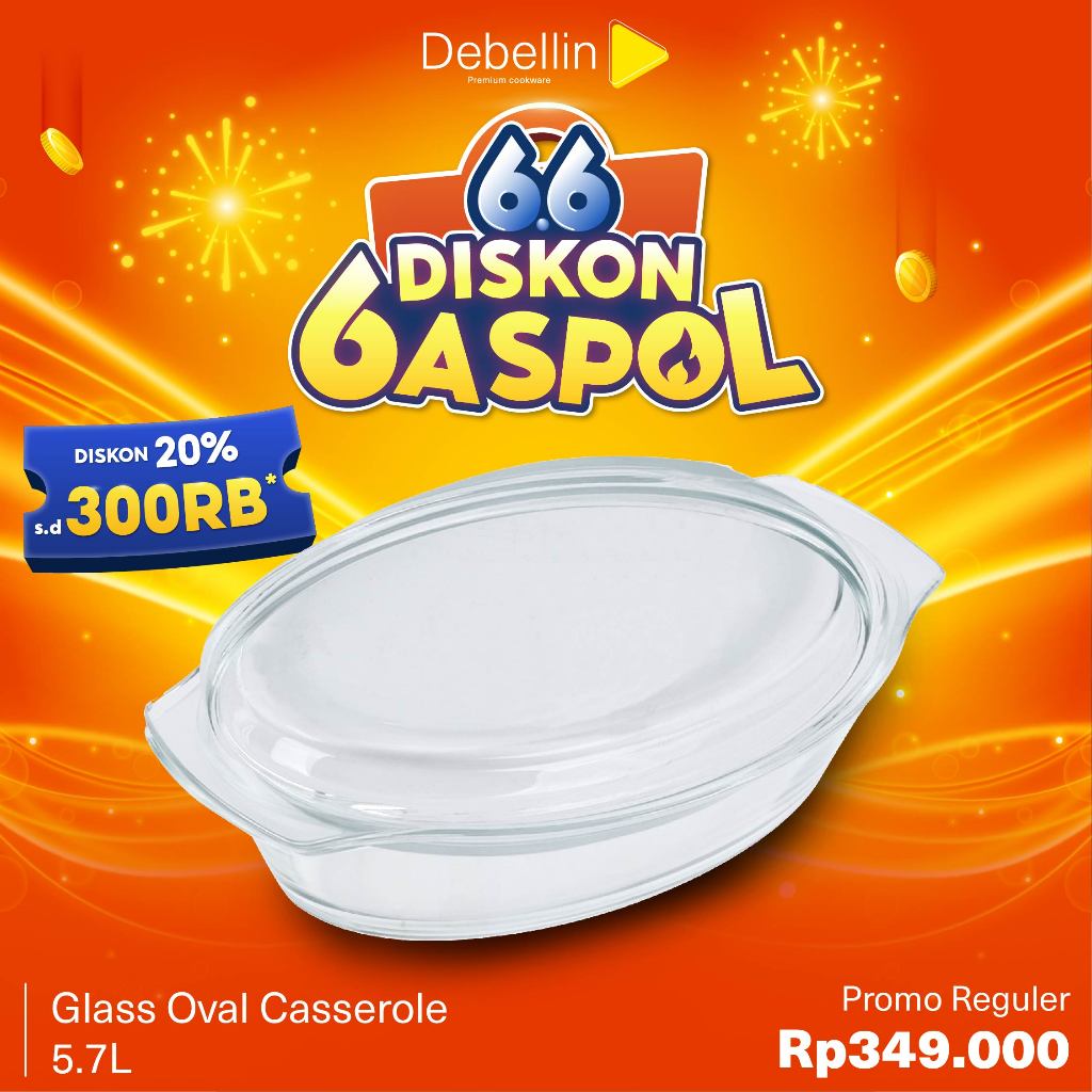 Debellin Glass Oval Casserole Mangkok Saji Kaca Borosilicate 5,7 Liter