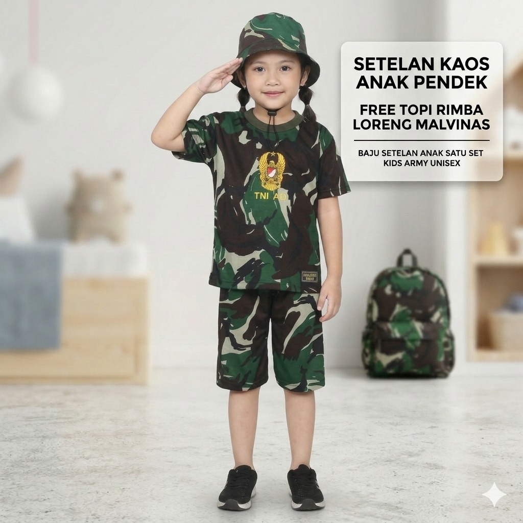Setelan Kaos Anak Perempuan Pendek Loreng Malvinas TNI AD - FREE Topi Rimba Army