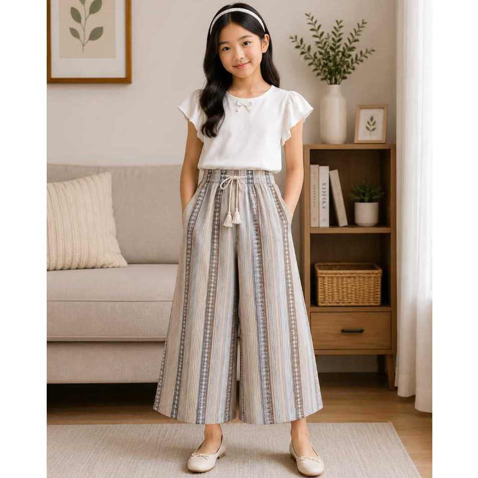 Celana Kulot Anak Rayon Premium Motif Garis-Garis Stripe/Celana Kulot Adem Dan Nyaman Usia 8 Sampai 