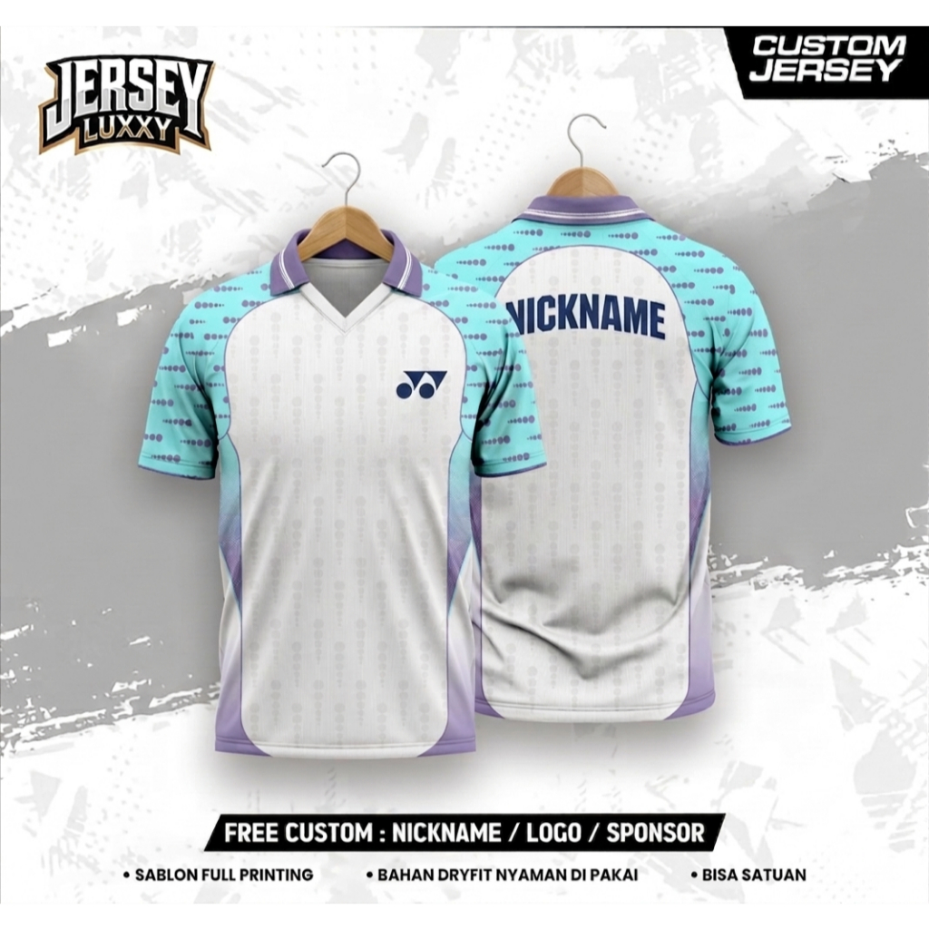 Jersey Badminton Custom Yonex Putih Biru Ungu Lengan Pendek Full Printing Dryfit