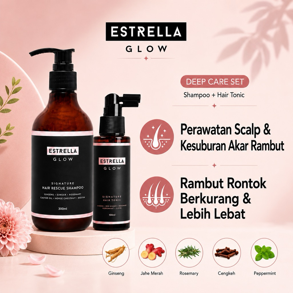 Hemat-Estrella Glow Hair Growth Deep Care Set. Anti rontok, penyubur rambut, Rosemary,Ginseng,Ginger