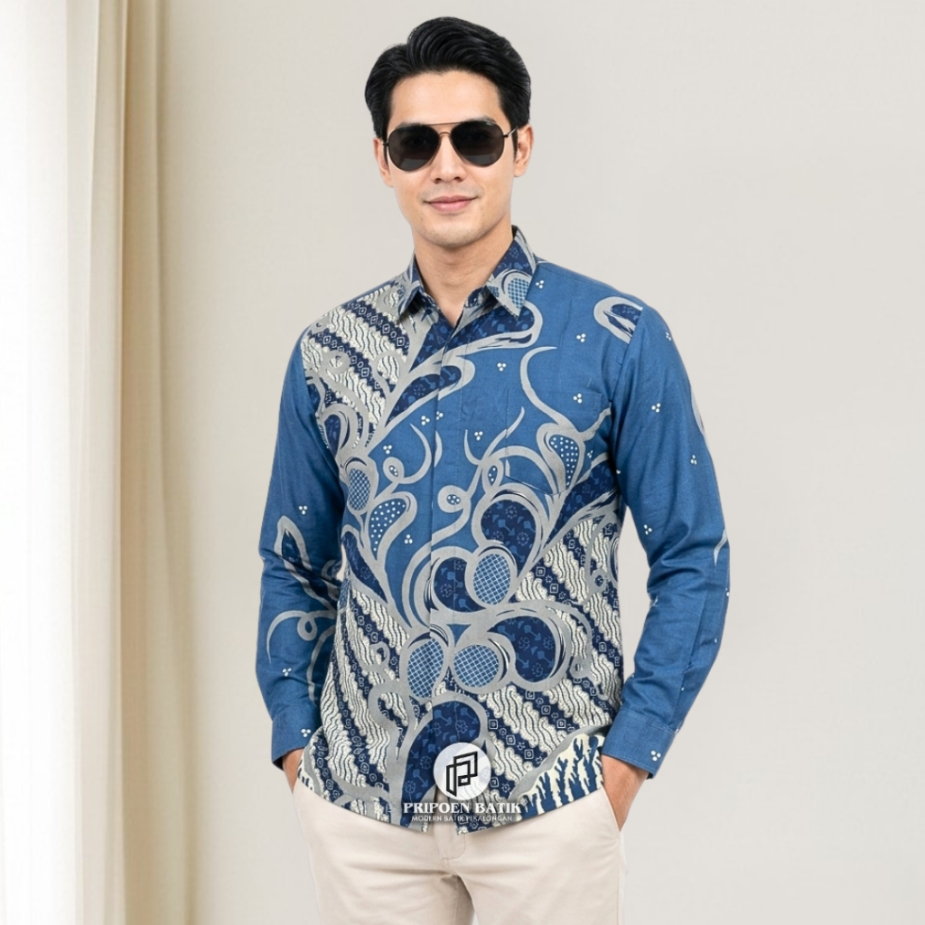 PRIPOEN BATIK  Kemeja Batik Pria Lengan Panjang  Baju Batik pria if Mulyo Biru Denim