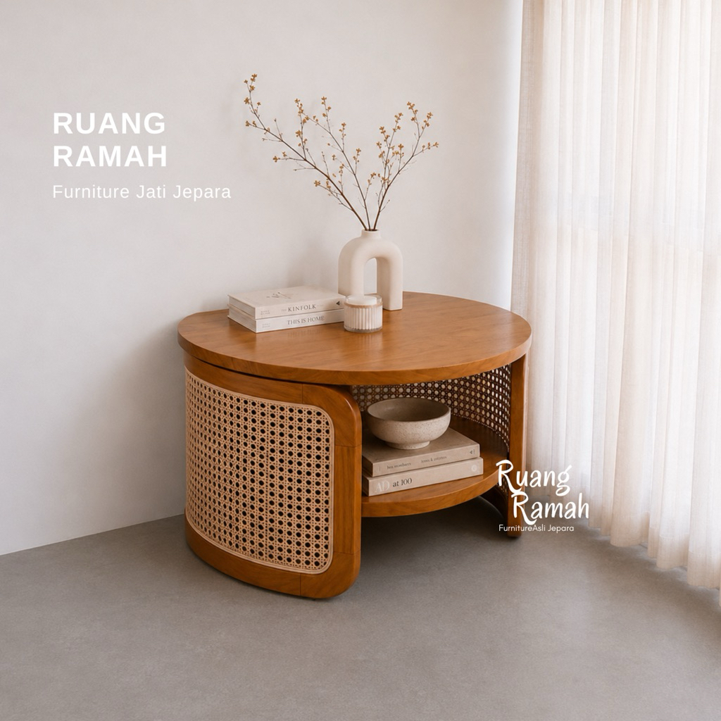 Coffee Table Bulat Rotan | Meja Tamu Jati Minimalis Aesthetic | Meja Kopi 2 Tingkat Japandi | Meja K
