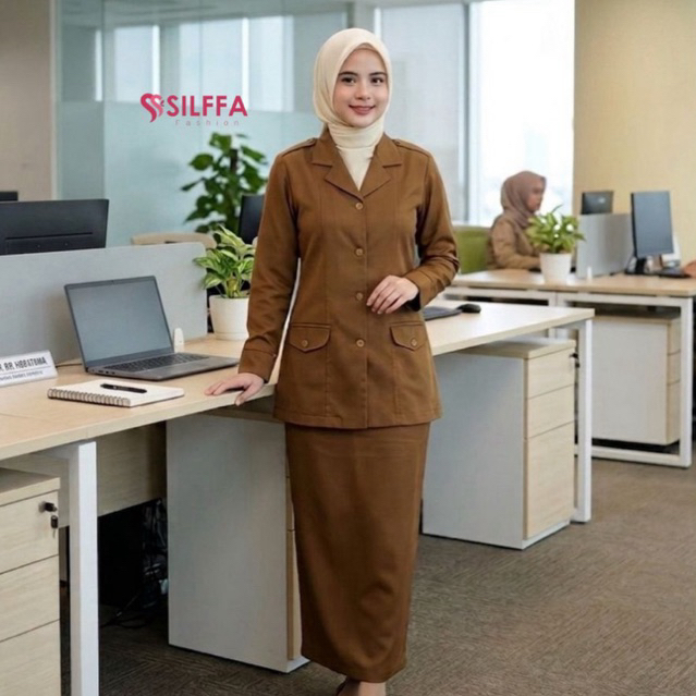 Baju Setelan Pemda Wanita Semi Blazer Baju PDH khaki. Seragam Pemda Keki Wanita.Rok span rempel bela