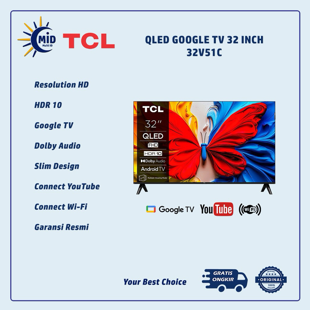 TCL QLED 32 Inch Google Android TV 32V51C | TCL 32 Inch Google Android TV | QLED TV TCL Garansi Resm
