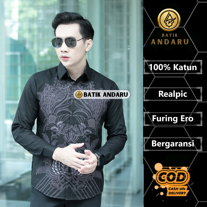 Batik Andaru Motif Usman Abu Baju Kemeja Batik Pria Slimfit Lengan Panjang Modern Heem Katun Primisi