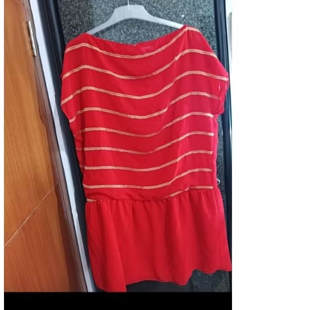 Blus Sifon Merah motif garis bordir