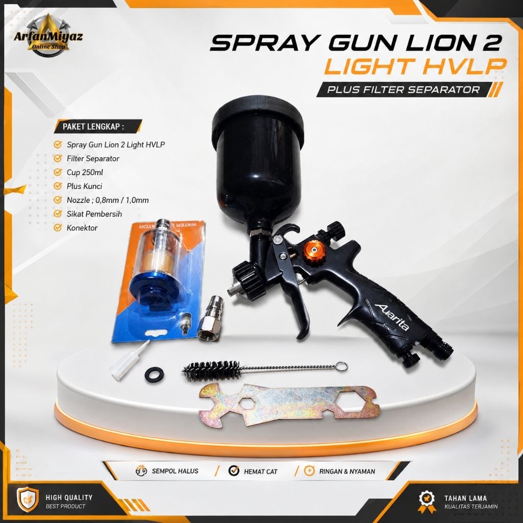 Alat Semprot Cat Auarita Lion 2 Light HVLP Plus Filter – Nozzle 0.8 / 1.0 mm – Untuk Mobil Motor