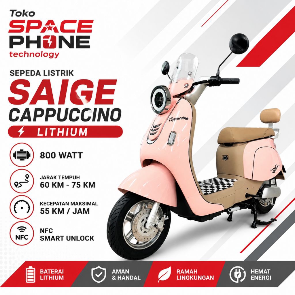 Sepeda Listrik Saige Cappucino 800 Watt Lithium baterai Design trendy NFC system