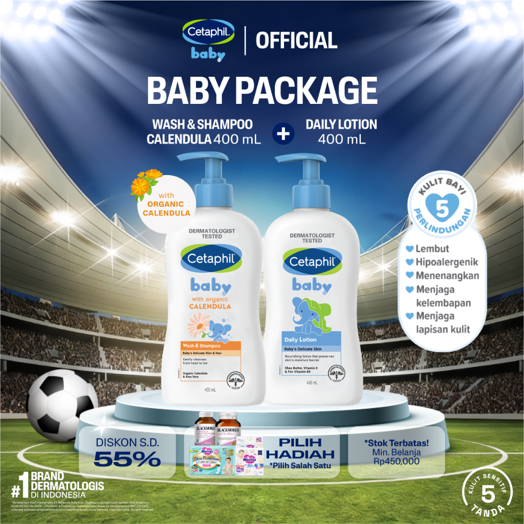 Cetaphil Baby Daily Lotion 400ml + Baby Wash & Shampoo with Organic Calendula 400ml