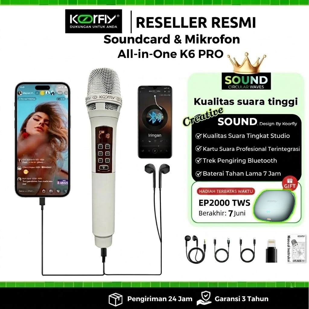 [FREE REMOTE] Koorfly K6 Pro Microphone Soundcard Putih kabel otg soundcard Aesthetic Mic Karaoke Bl