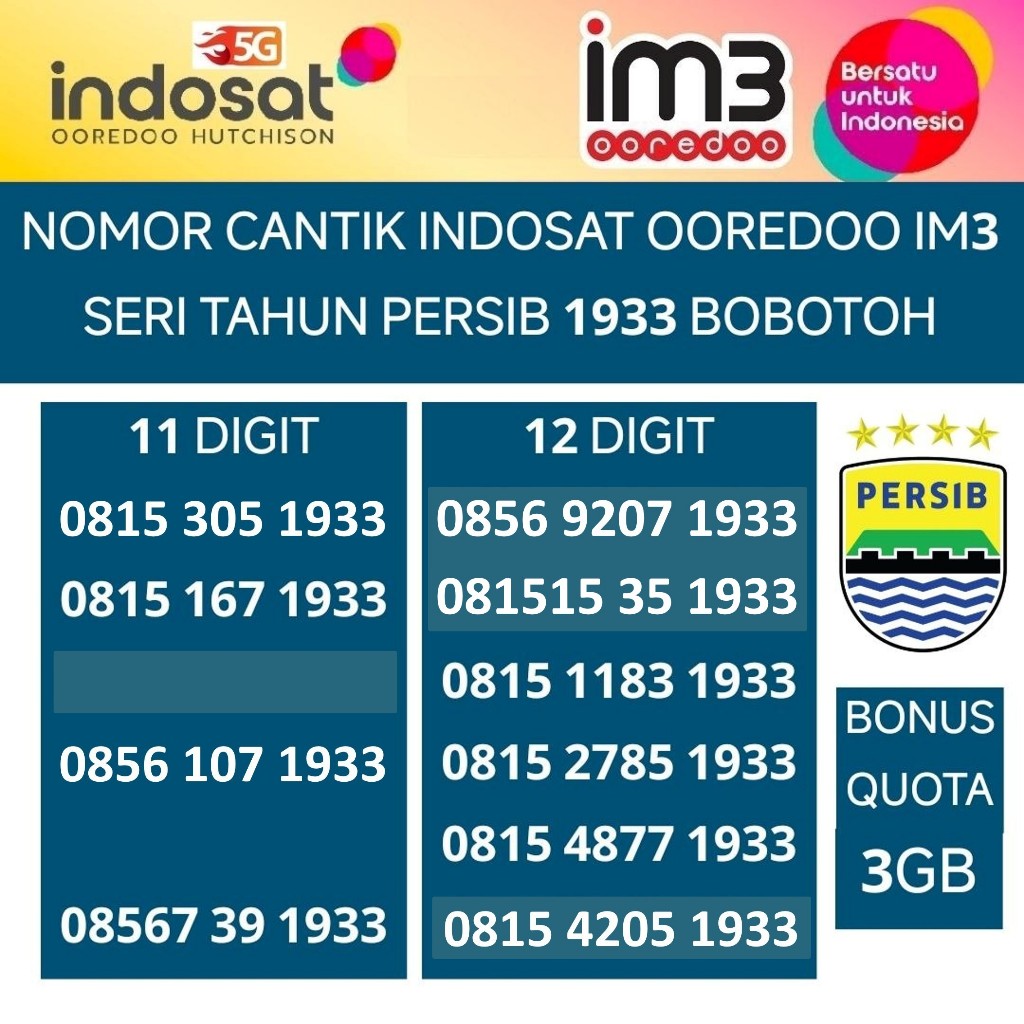 im3 persib 1933 indosat ooredoo tahun nomor cantik nomer kartu perdana bobotoh