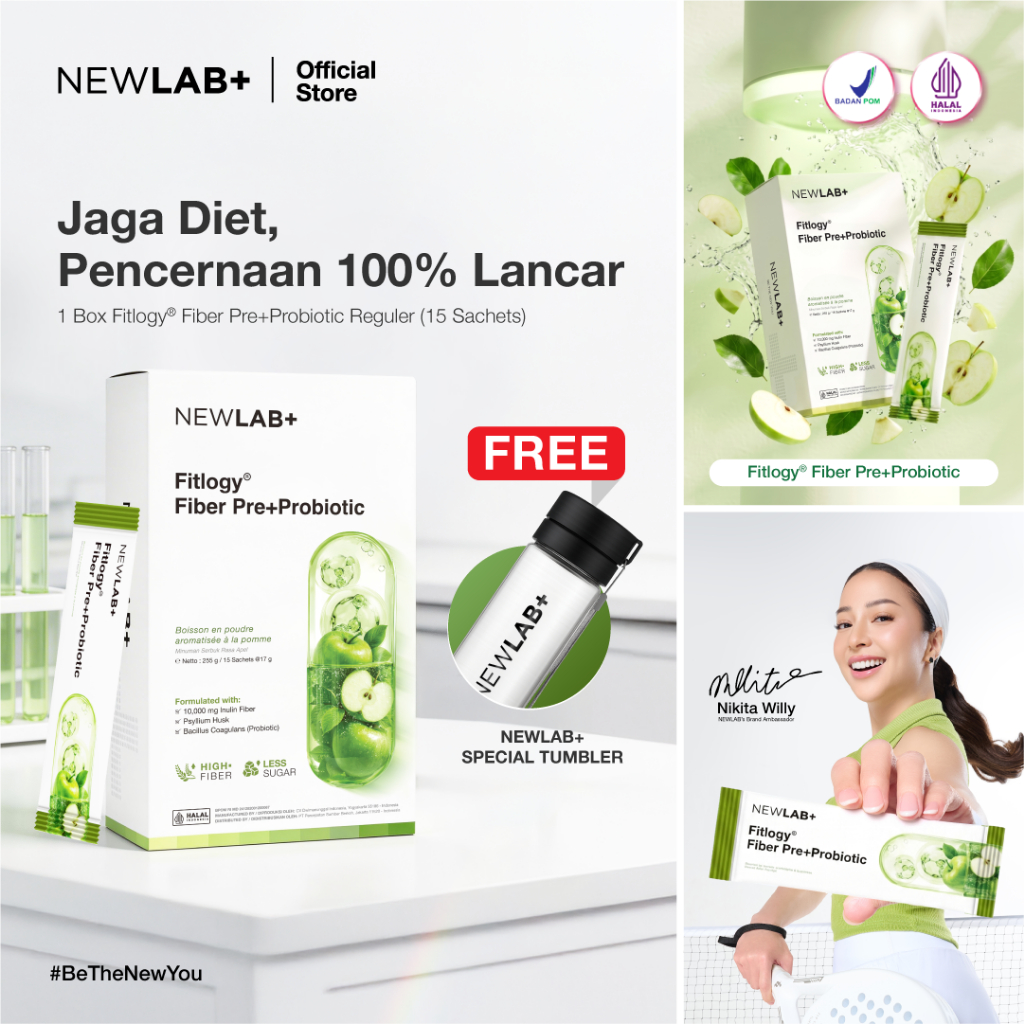 [FREE TUMBLER] NEWLAB Fitlogy Fiber Pre+Probiotic (15 Sachet) | Minuman Prebiotik dan Probiotik | Mi