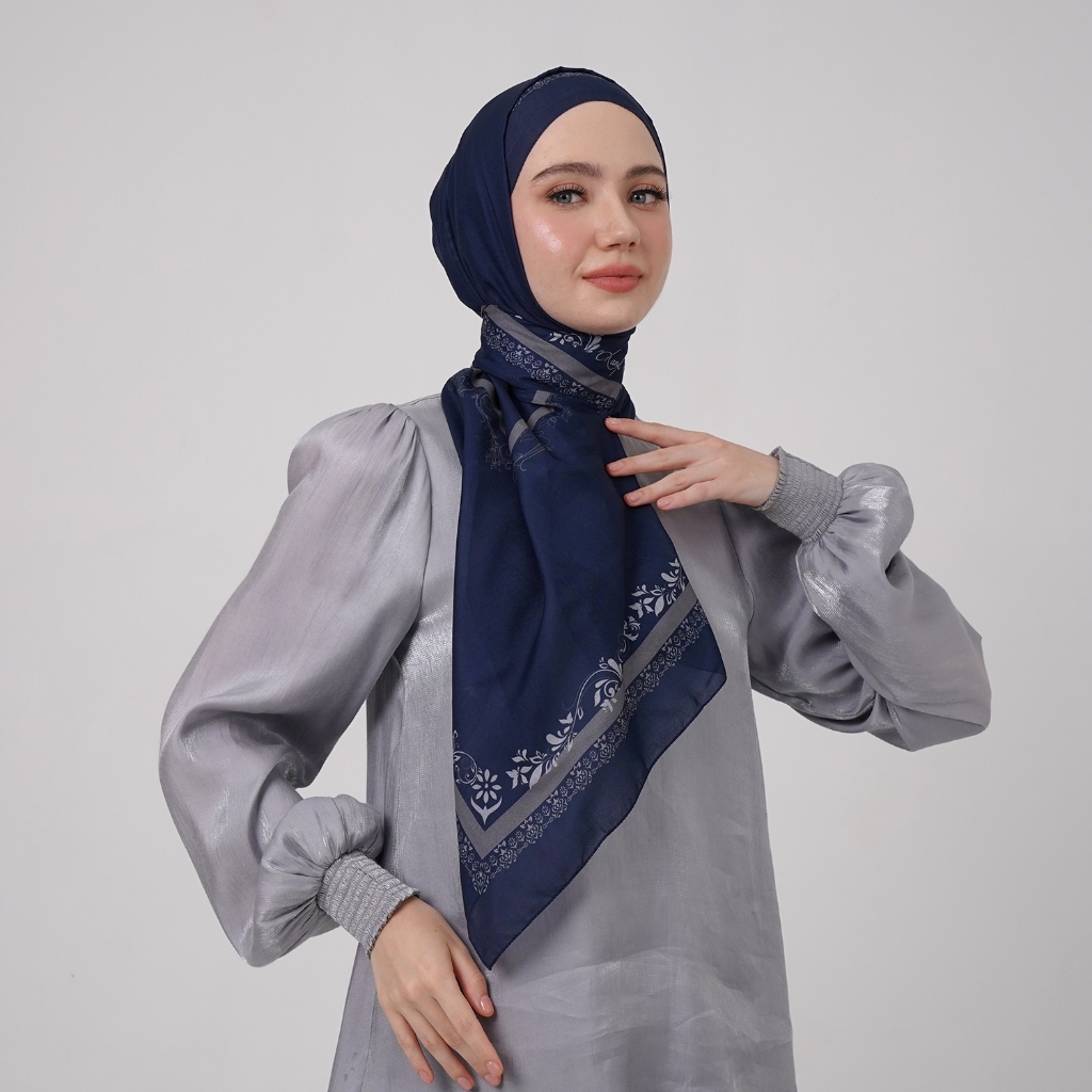 MANDJHA Hijab LOVISA NAVY Voal Premium By IVAN GUNAWAN - Hijab Segi Empat Motif ORIGINAL MANDJHA.