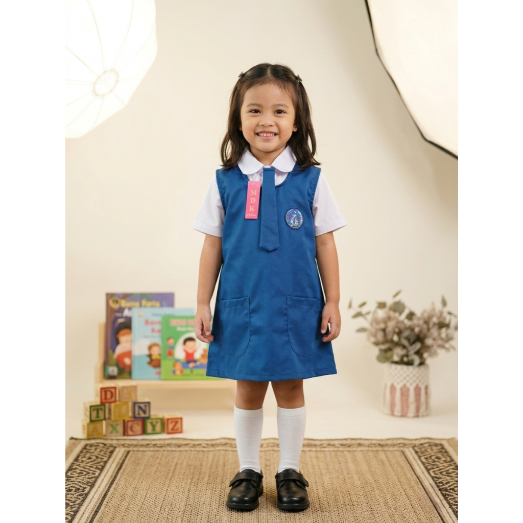 Baju Seragam PAUD TK PGRI | Baju Seragam PGRI Kemeja Putih Rompi Biru Terusan atau Model Pinafore + 