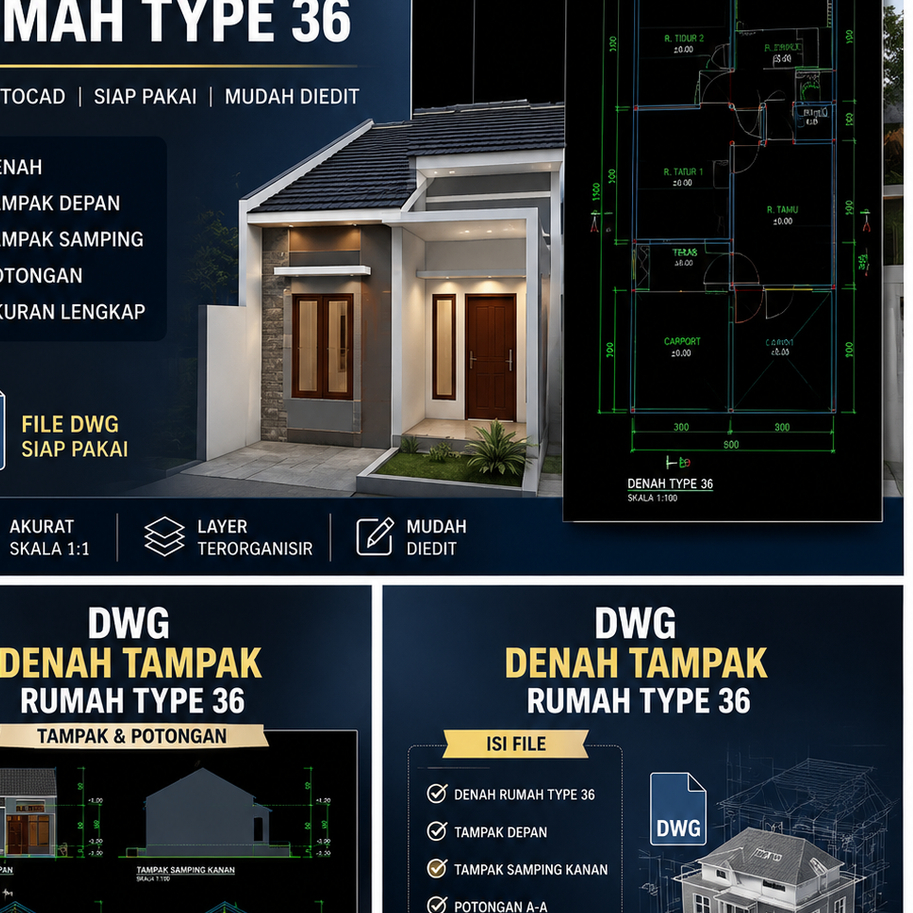 DWG Rumah Type 36 Lengkap | Denah Tampak Potongan | File AutoCAD Siap Pakai
