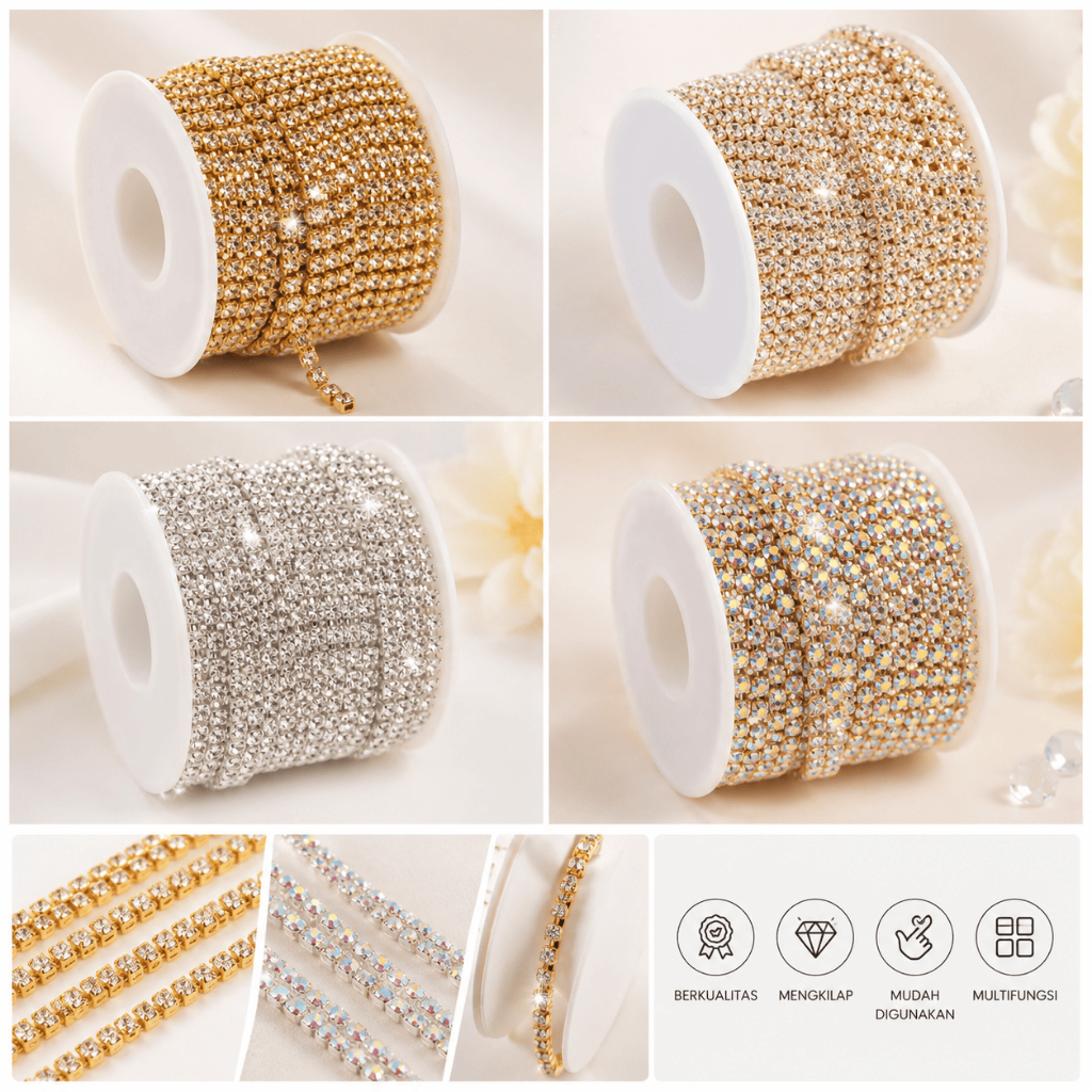 Crystal Chain Rhinestone SS12 SS16 Gold Silver 1 Roll 10 Yard