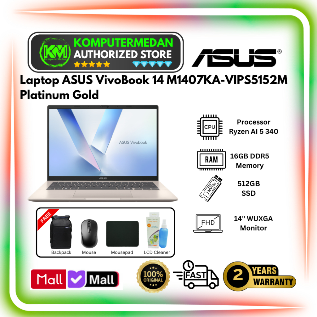 Laptop ASUS VivoBook 14 M1407KA VIPS5152M Ryzen AI 5 340 RAM 16GB SSD 12GB 14" WUXGA Win 11 Home+OHM