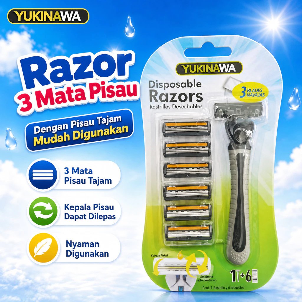 Pisau Alat Cukur Yukinawa isi 7 Razor Manual Set gagang Pegangan Anti Licin Empuk Tahan Lama Pisau tiga 3 lapis Mata Silet cukur Kumis janggut Jenggot isi ulang ganti mata pisau Pria Wanita Disposable 3 Razors Dudukan kepala Strip Pelicin Kulit