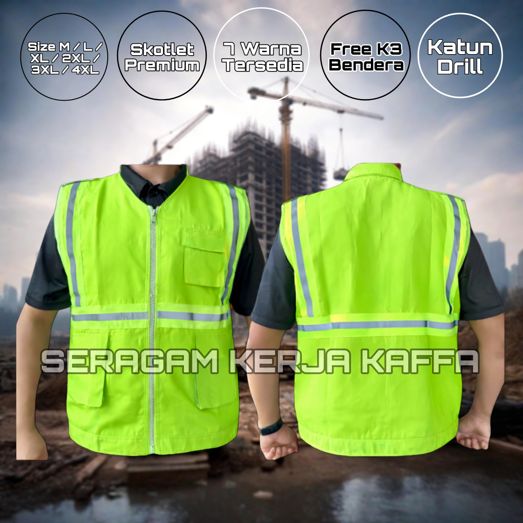 Rompi Safety Hijau Stabilo Skotlet Kain Hijau Stabilo Menyala Rompi Premium Rompi vest Outdoor
