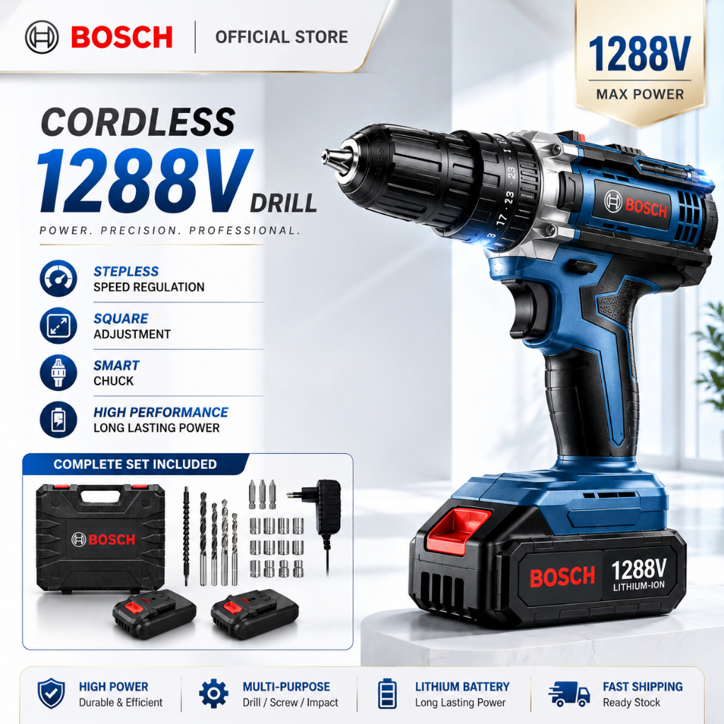 Bosch Mesin Bor Listrik 1288V Mesin Bor 2baterai cas bor listrik bor tangan baterai besi tembok Beto