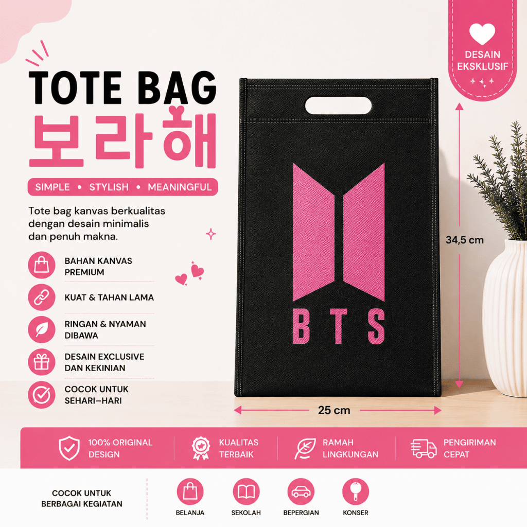 Tote Bag BTS Hitam Pink - Tas Canvas BTS Putih - Tote Bag Lipat Kuat Tebal - Reusable Eco Friendly -