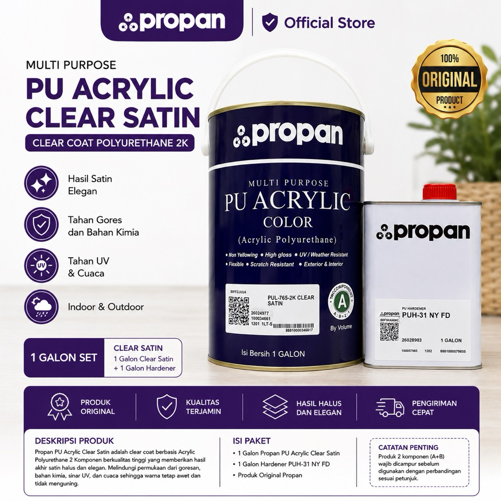 Propan PU Acrylic Clear Satin 4L Set + Hardener 1L | Clear Coat Polyurethane 2K Transparan | Anti UV