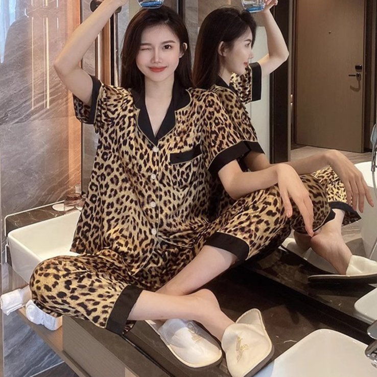 [Lavarda Store] VZ074 - Piyama Satin CP Baju Lengan Pendek Celana Panjang Leopard Macan Tutul Bis Hi