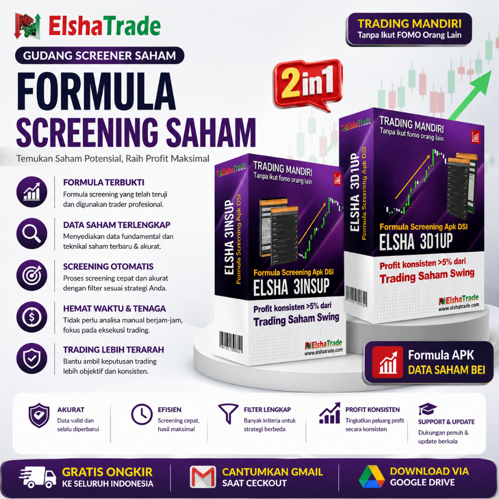 Paket Combo 2in1 ELSHA 3D1UP-3INSUP Formula Screening Trading Saham Swing Rumus Screener Aplikasi DS