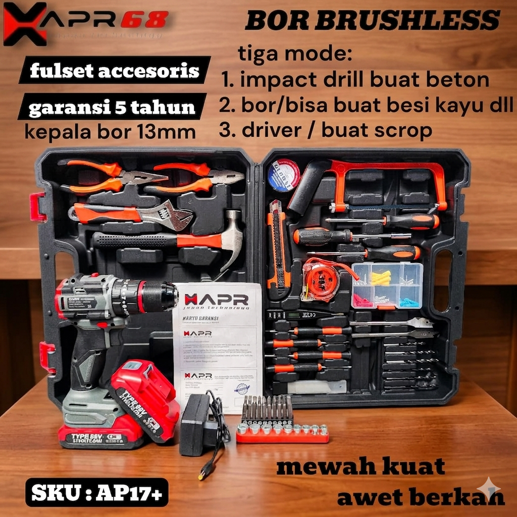 APR raja bor cordless mesin bor baterai drill impact keyless beton besi kayu sekrup baja ringan