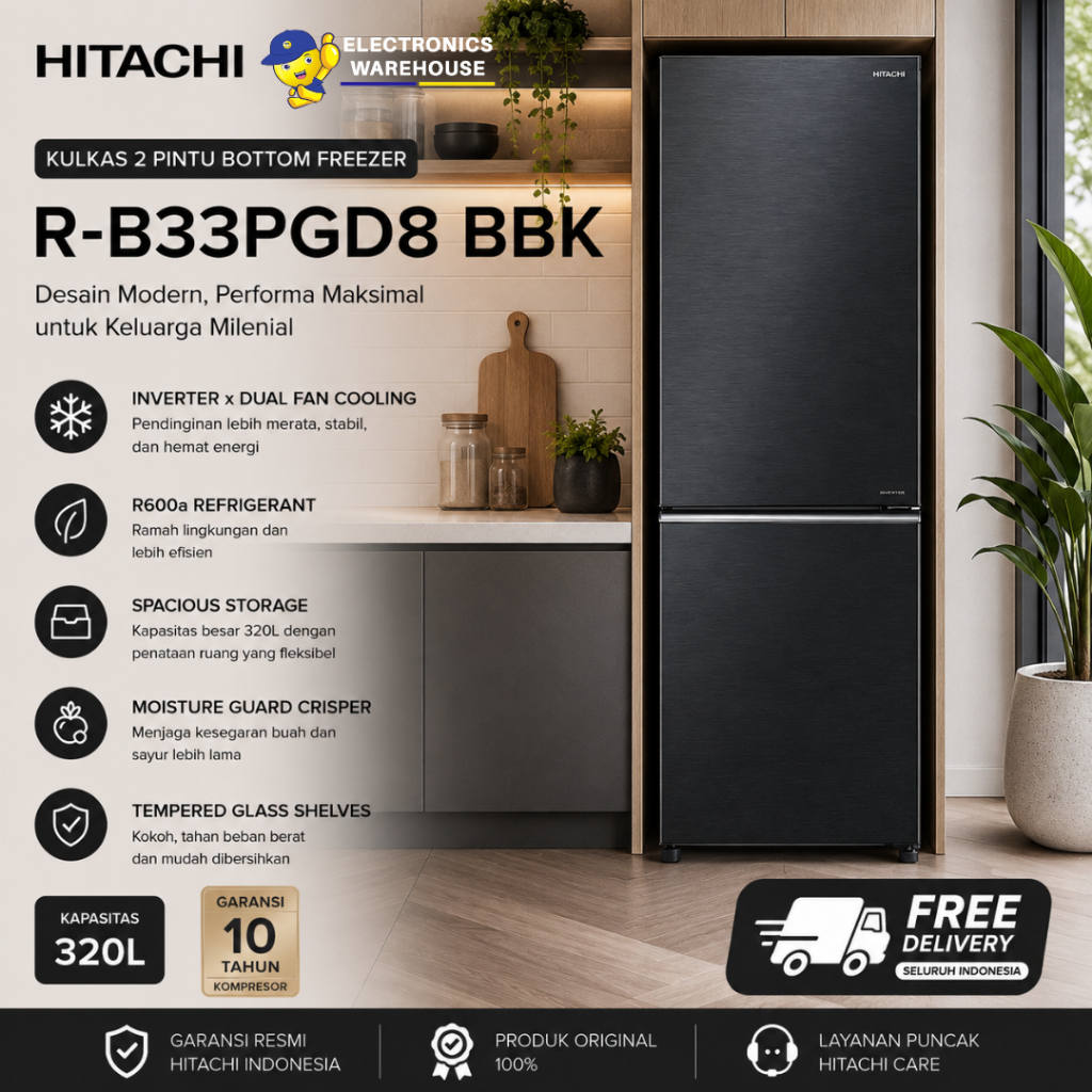 HITACHI Kulkas 2 Pintu Bottom freezer R-B33PGD8 BBK