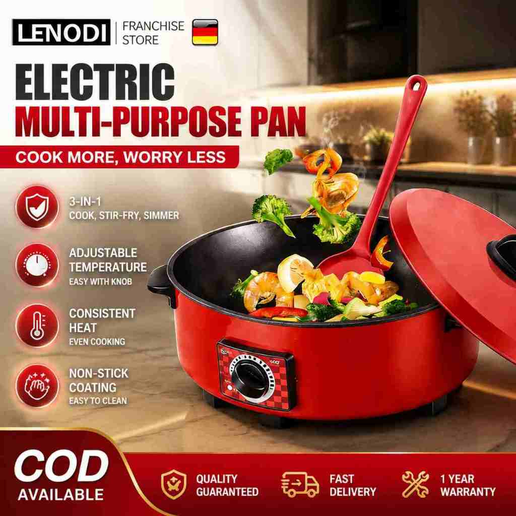 Wajan Enamel Multifungsi Teflon Besar 12 Inch Fry Pan Elektrik Anti Lengket 5L Panci Listrik Serbagu