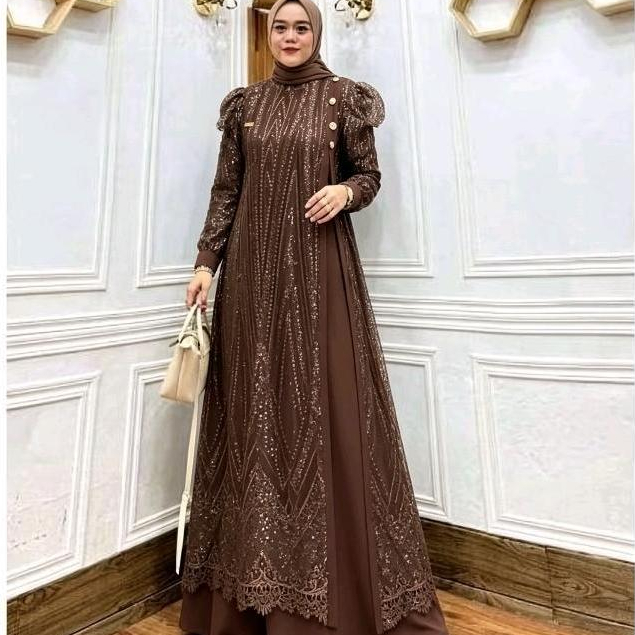 Gamis Brokat Mewah Kombinasi Hitam Emas Payet Premium | Gamis Pesta Kondangan Modern Elegan