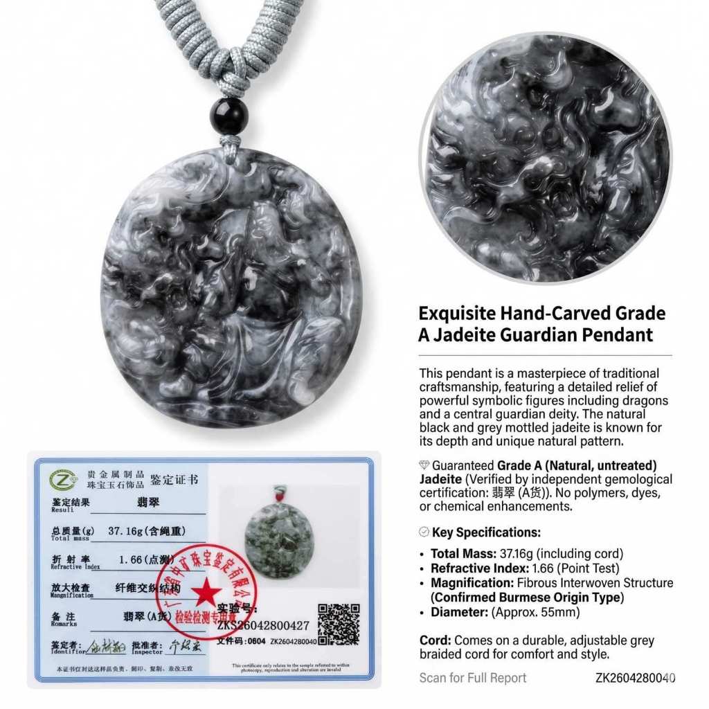 Kalung Liontin Batu Giok Asli Grade A Black Jadeite Naga Pelindung Bersertifikat