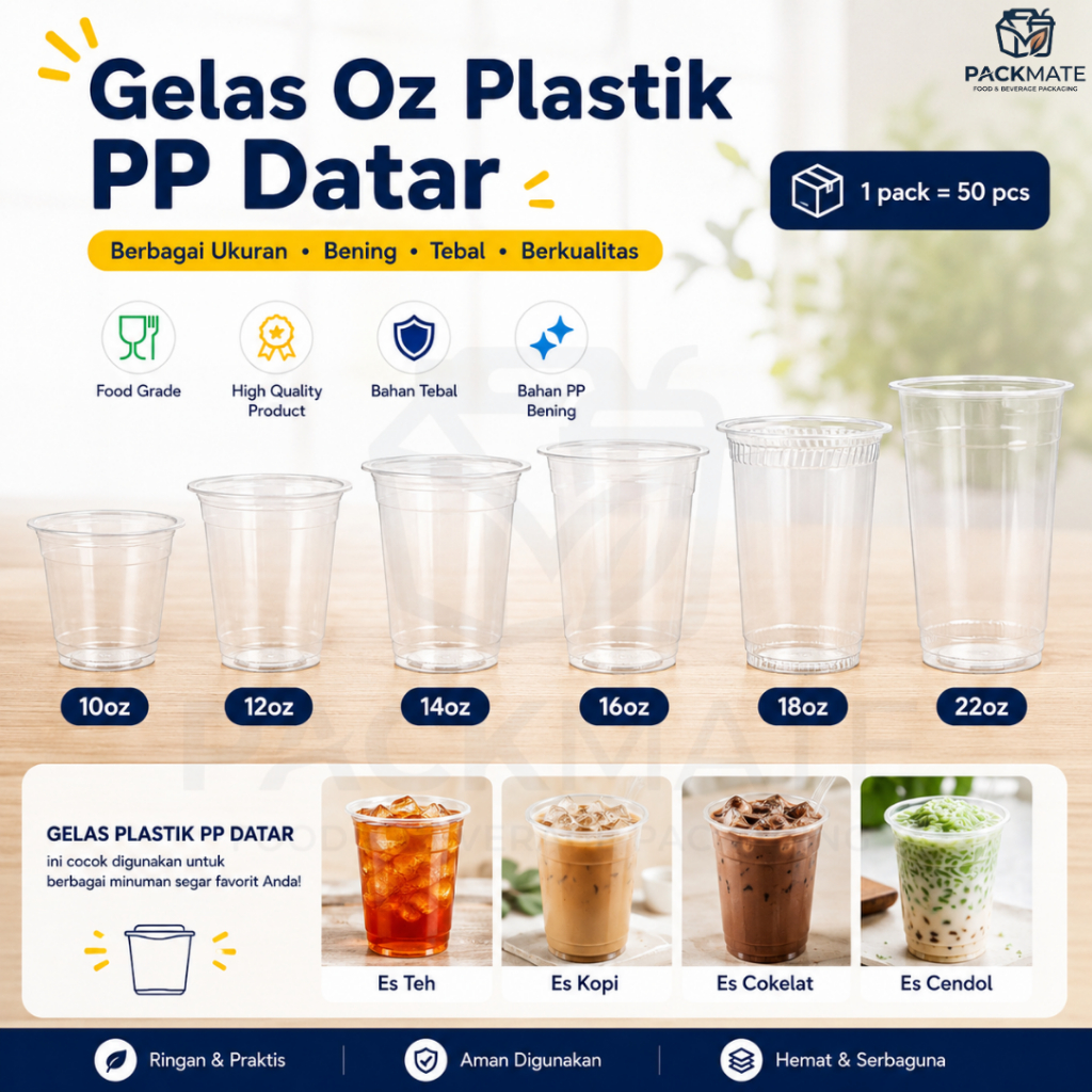 [ISI 50 PCS] Gelas Oz Plastik PP Datar 10oz 12oz 14oz 16oz 18oz 22oz | Plastic Cup (PP) Ekonomis