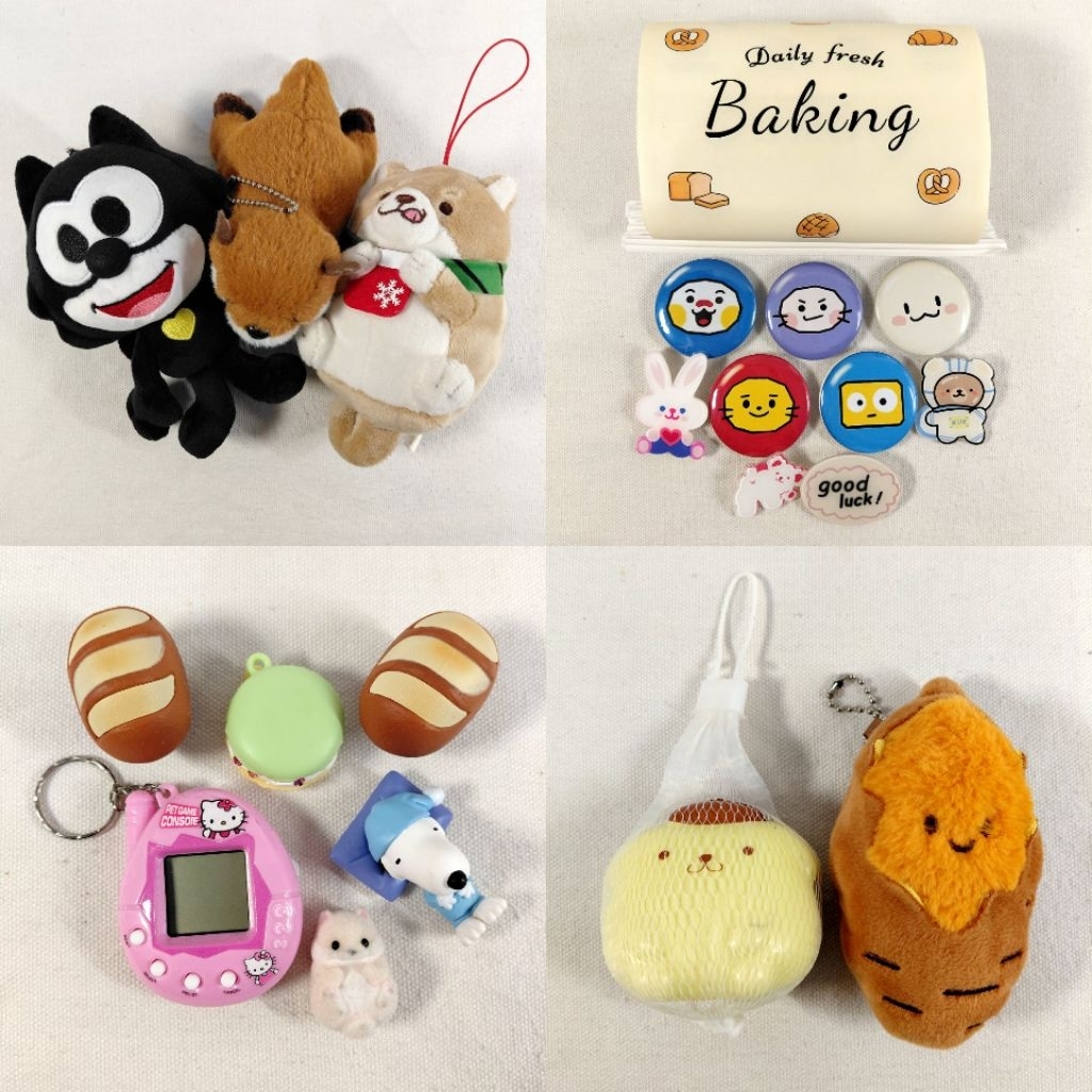 (TAKE ALL) PLUSH TRINKETS KEYCHAIN TAMAGOTCHI PLUSH UBI SQUISHY POMPOMPURIN TRINKETS SNOOPY PIN BADG