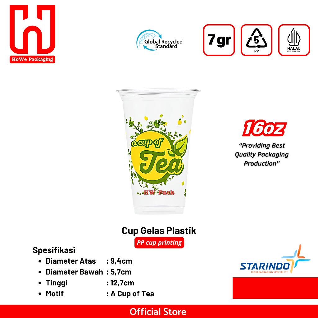 Cup Gelas Plastik Starindo Printing A Cup of Tea Gelas PP Premium Sablon Ukuran 16oz Isi 50 pcs per 