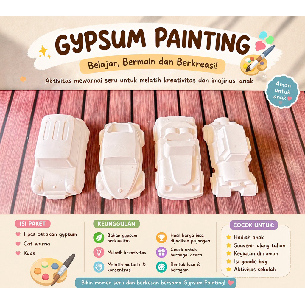 Gypsum Painting Mobil Anak | Paket Mewarnai Gypsum DIY + Cat & Kuas | Mainan Edukasi Kreatif & Souve