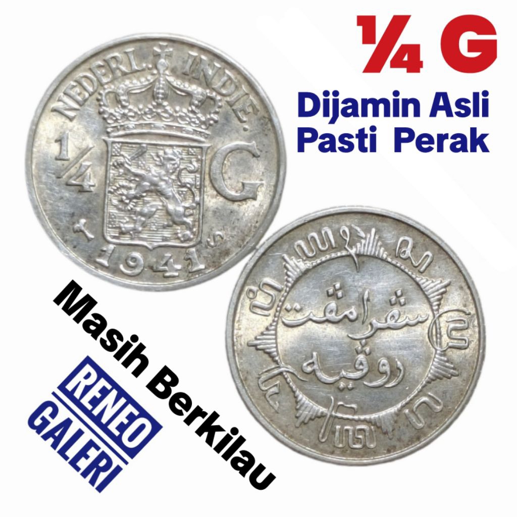 Berkilau Koin Perak Asli ¼ Gulden Nederlandsch indie Silver 1/4 seperempat G era Wilhelmina uang kun