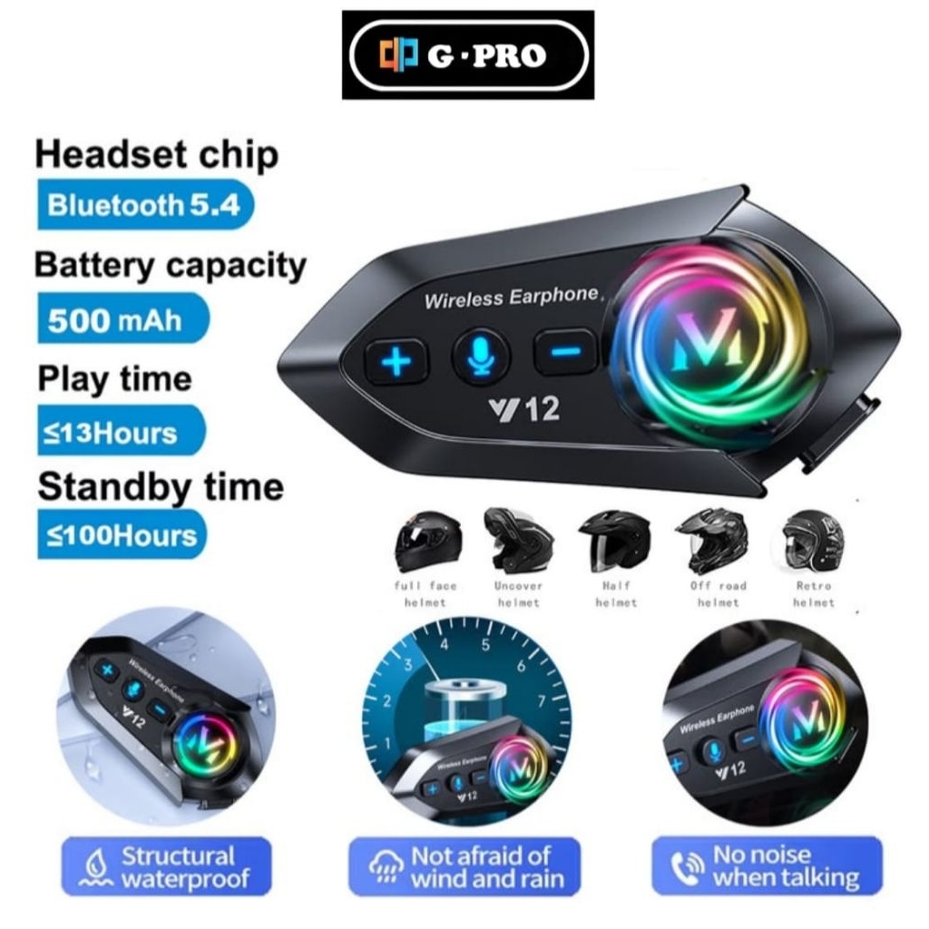G-PRO Helmet Interkom Helm Motor Bluetooth Y12 Pro - Jarak Interkom 500M, Tahan Air IPX6, Kompatibel