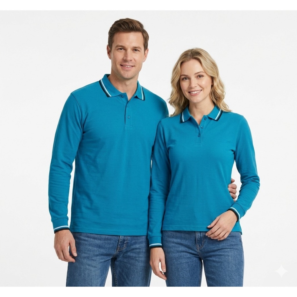 (  100% katun  )Kaos Kerah Panjang  FO LIST WARNA BIRU TURKIS  / Kaos Kerah FO Lengan Panjang - Kaos