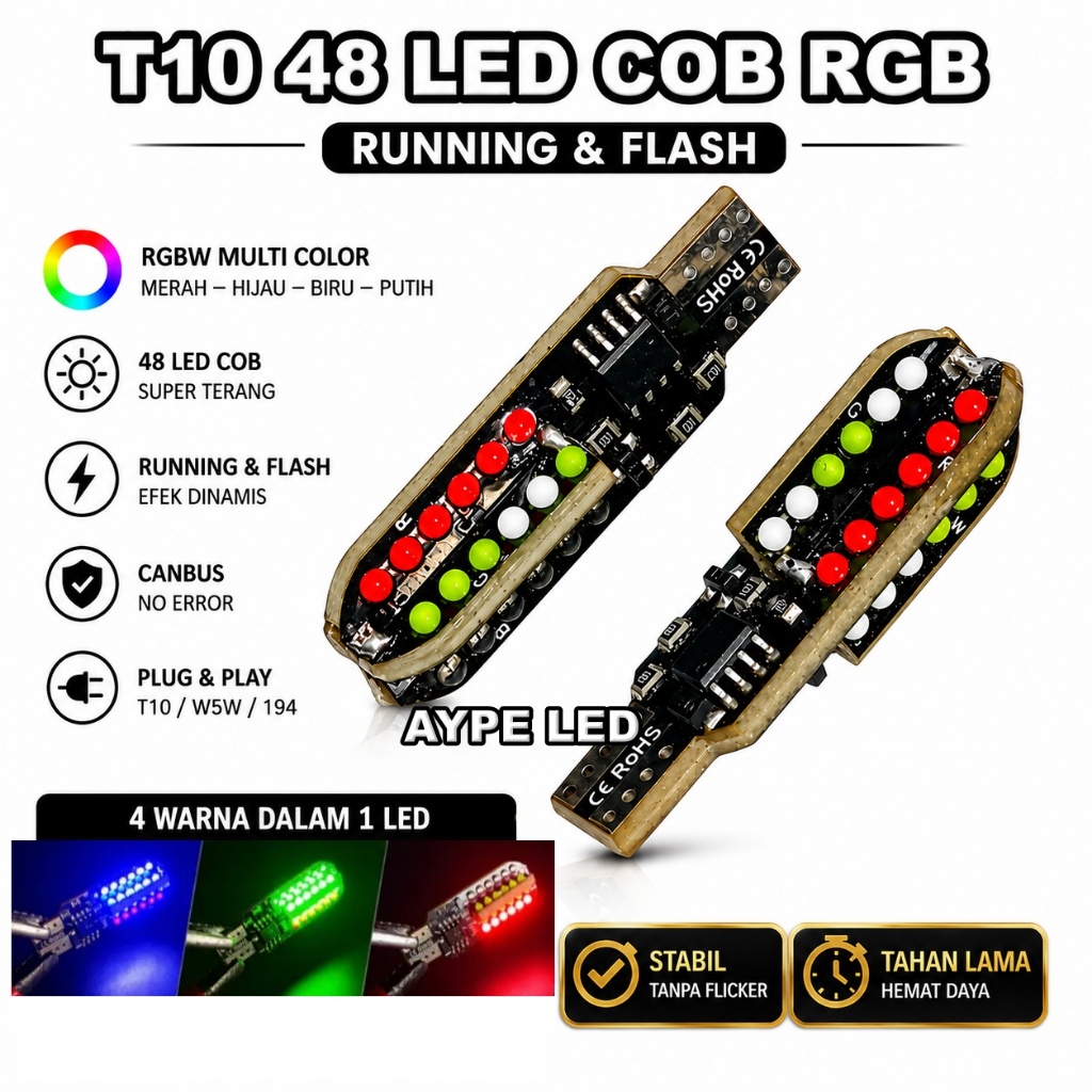 LAMPU LED COLOK SEIN T10 48 LED COB RUNNING FLASH NYALA RGB SEIN SENJA MOTOR MOBIL PELANGI RGB