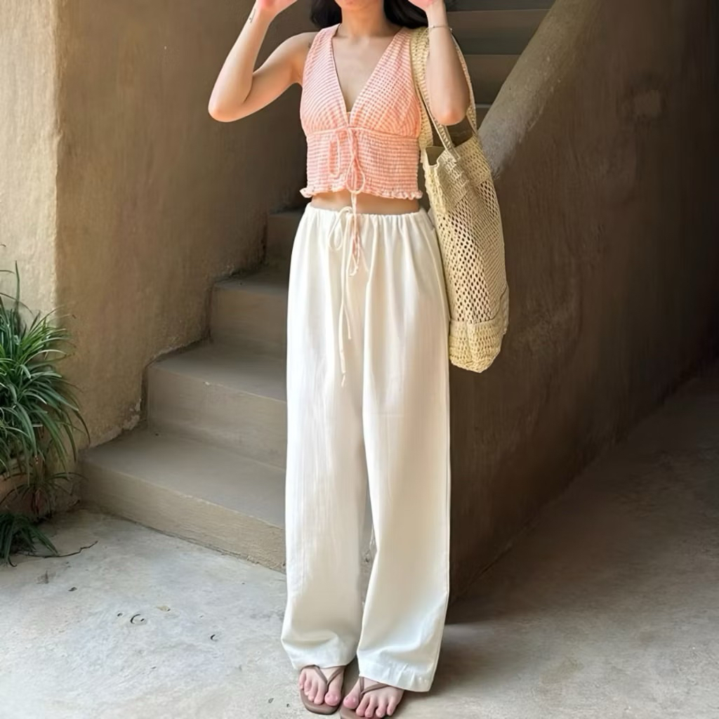 Tessa Linen Pants Trousers - Basic Cullote Relax Beach Pants - Celana Panjang Linen Wanita - Celana 