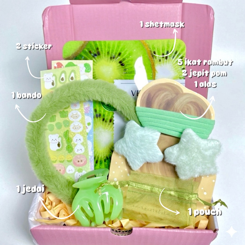 [PAKET LENGKAP] 16 in 1 Set Aksesoris Cuci Muka Masker Serba Hijau / Bando, Masker, Jepit, Pouch Mur