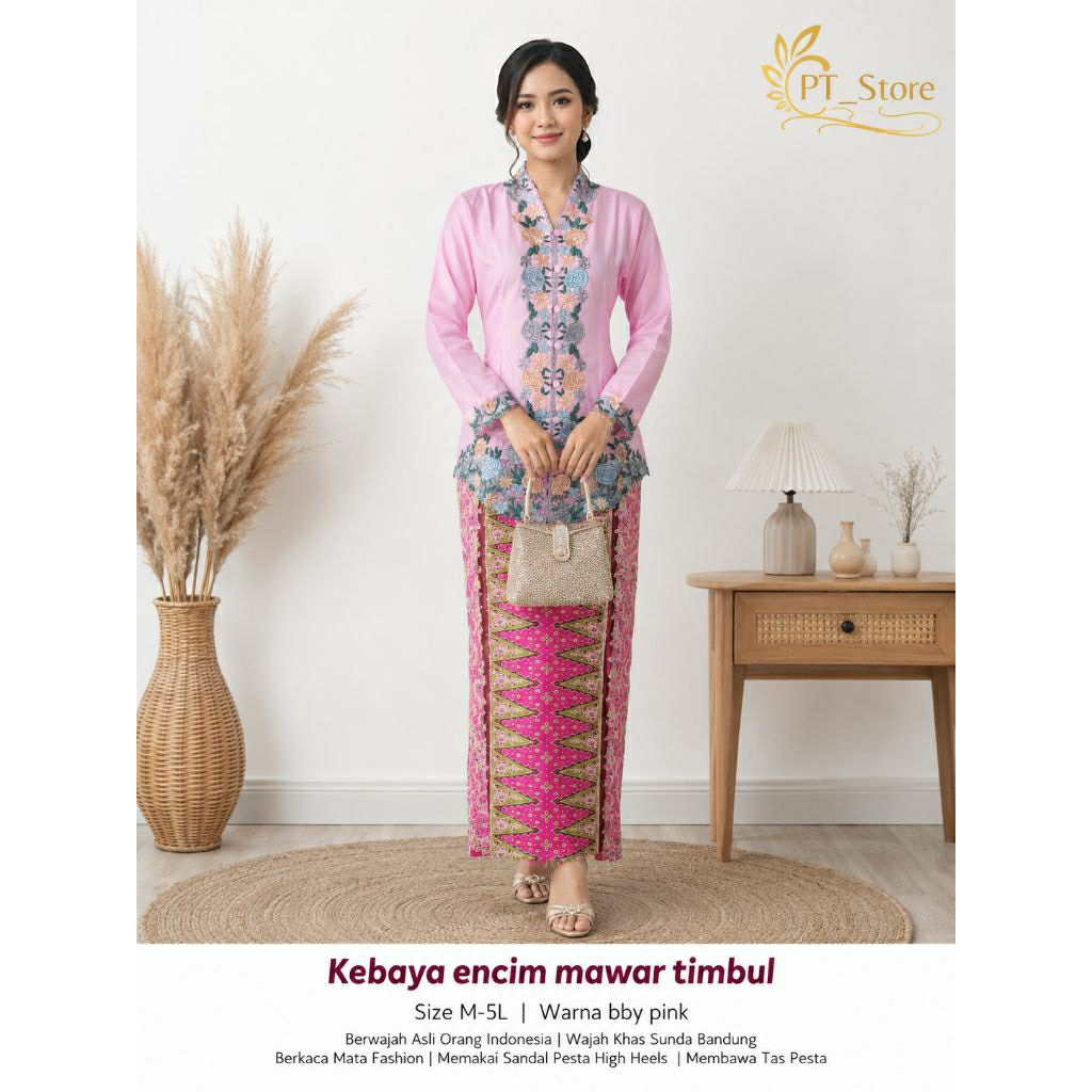 Setelan Kebaya Encim Bunga Mawar Timbul